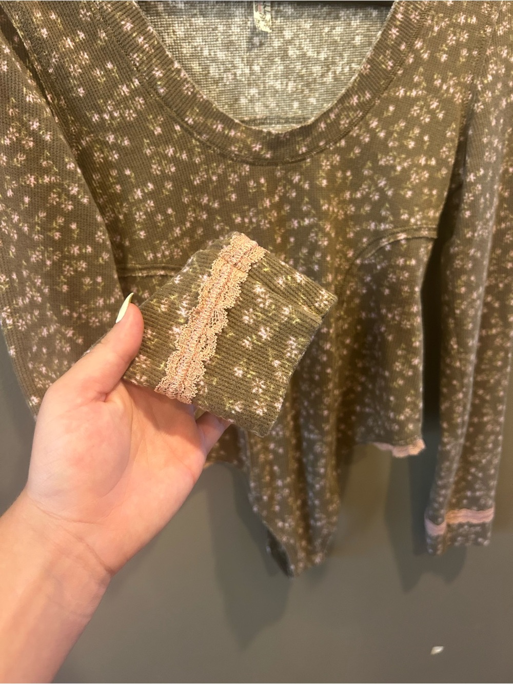 Free People Olive Brown Floral Long Sleeve Bodysuit with Pink Trim - Picture 4 of 4